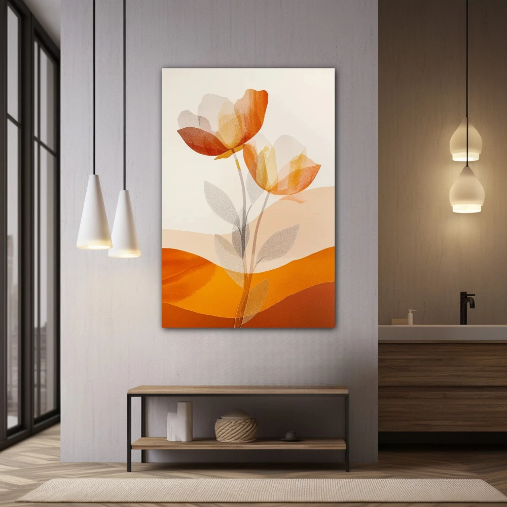 Cuadro auroras florales en formato vertical con colores naranja, monocromático; decorando pared de baño