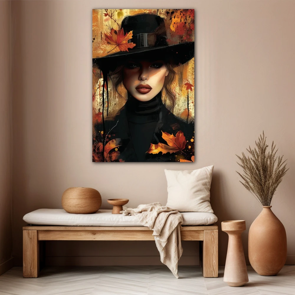 Cuadro musa de noviembre en formato vertical con colores marrón, negro; decorando pared beige