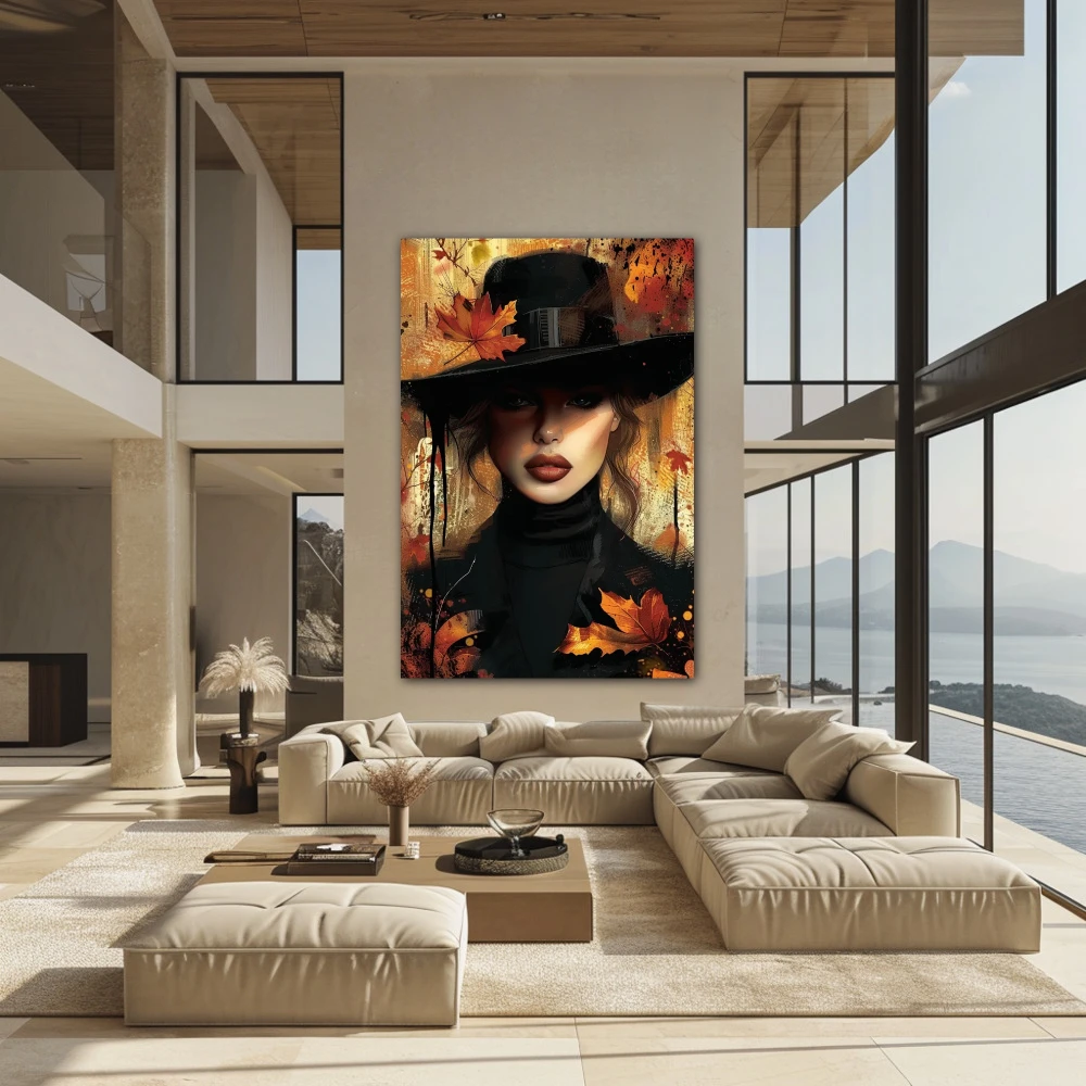 Wall Art titled: November Muse in a Vertical format with: Brown, and Black Colors; Decoration the Above Couch wall