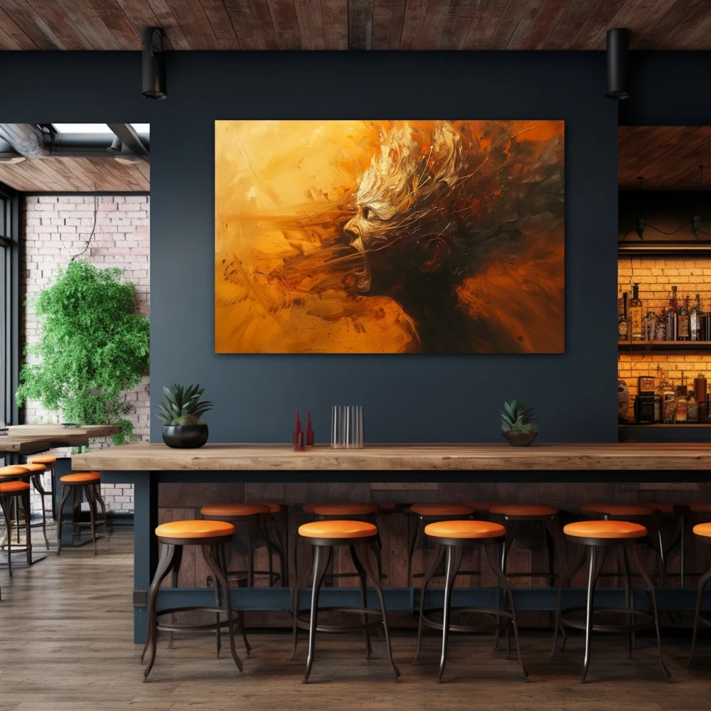 Wall Art titled: The Collapse of Arrogance in a Horizontal format with: Orange, and Monochromatic Colors; Decoration the Bar wall