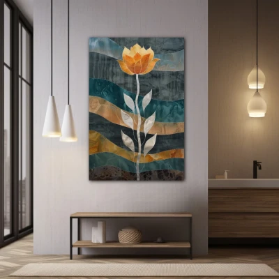 Cuadro Metamorfosis Onírica en formato vertical con colores Gris, Naranja; Decorando pared de Baño