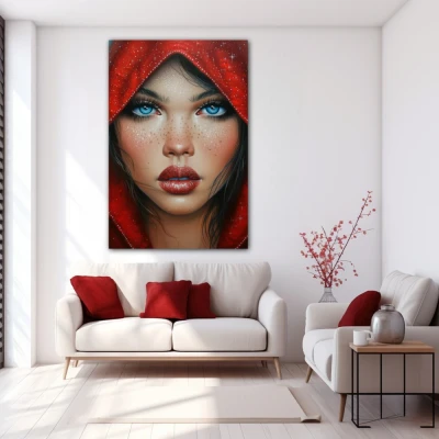 Cuadro ojos de horizonte infinito en formato vertical con colores azul, rojo, beige; decorando pared blanca