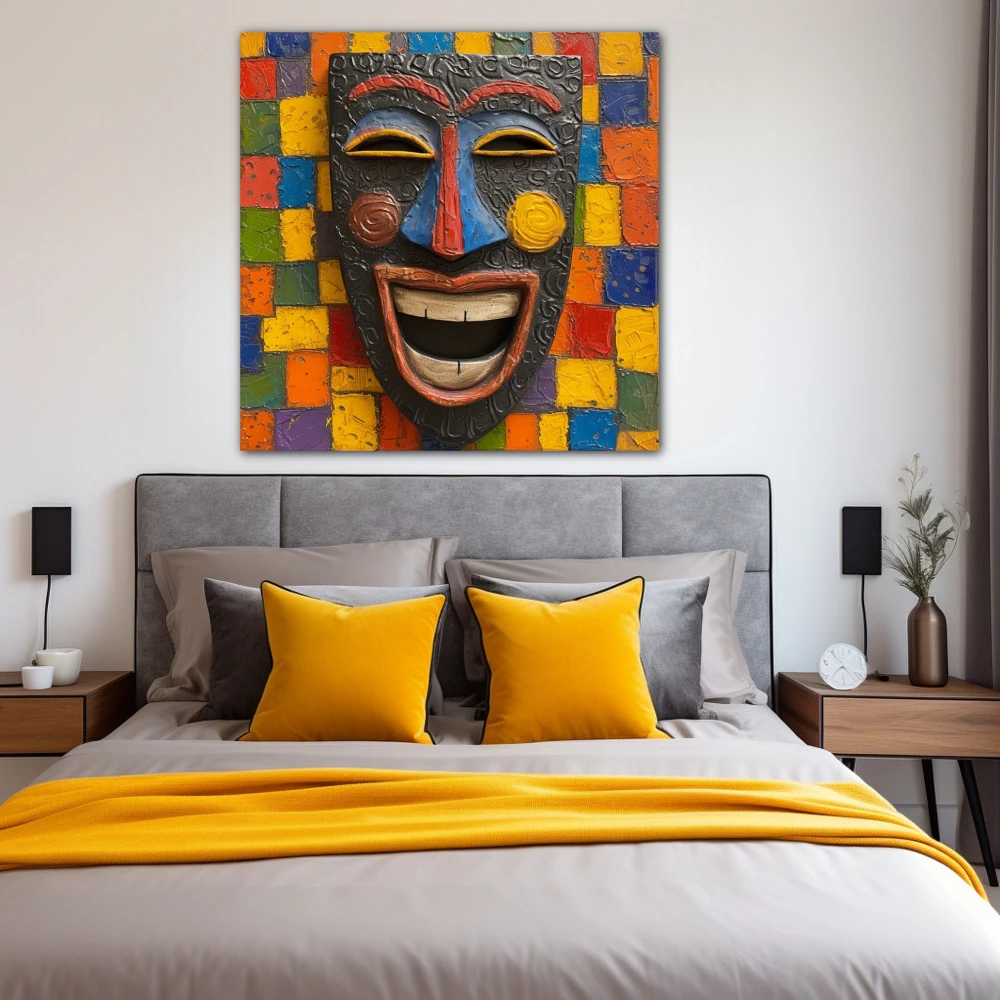 Cuadro mosaico de la alegría en formato cuadrado con colores amarillo, azul, naranja, vivos; decorando pared de habitación dormitorio