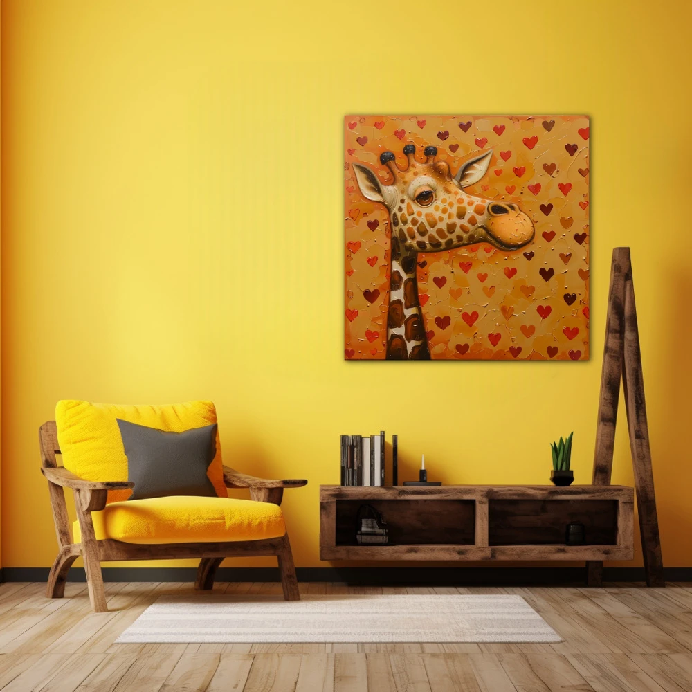 Cuadro sueños de jirafa amorosa en formato cuadrado con colores marrón, naranja, rojo; decorando pared amarilla