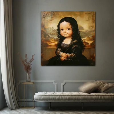 Cuadro la inocencia de gioconda en formato cuadrado con colores marrón, negro; decorando pared gris