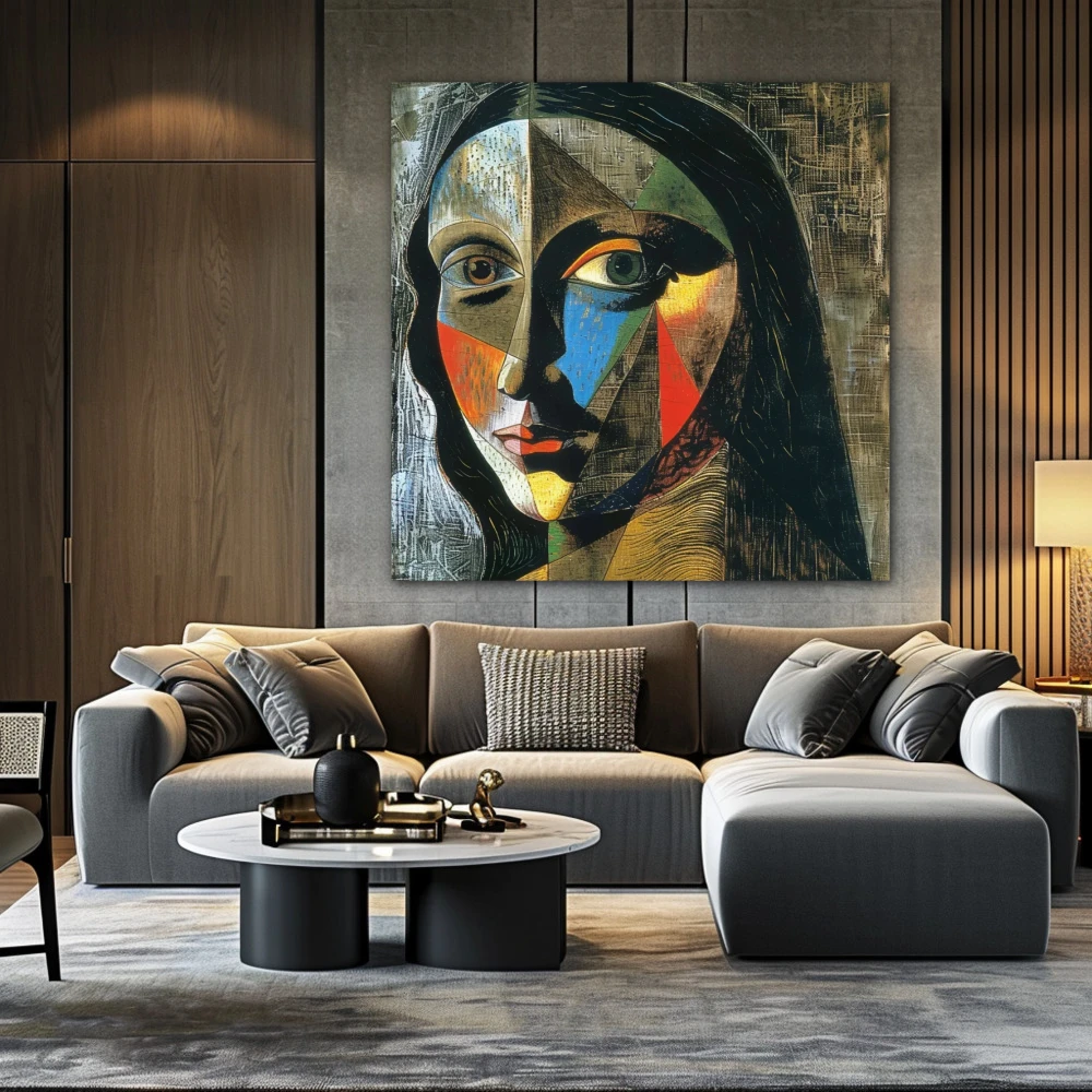 Wall Art titled: Facets of Gioconda in a Square format with: Blue, and Grey Colors; Decoration the Above Couch wall