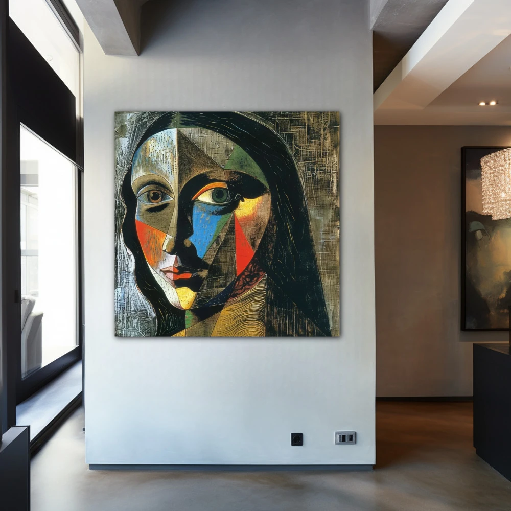 Wall Art titled: Facets of Gioconda in a Square format with: Blue, and Grey Colors; Decoration the Entryway wall