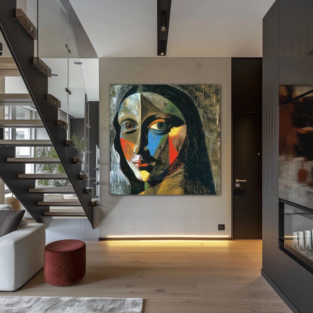 Wall Art titled: Facets of Gioconda in a Square format with: Blue, and Grey Colors; Decoration the Staircase wall