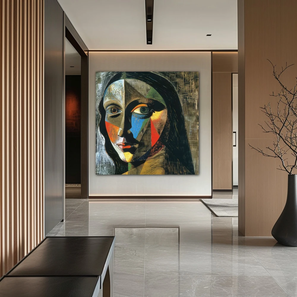 Wall Art titled: Facets of Gioconda in a Square format with: Blue, and Grey Colors; Decoration the Hallway wall