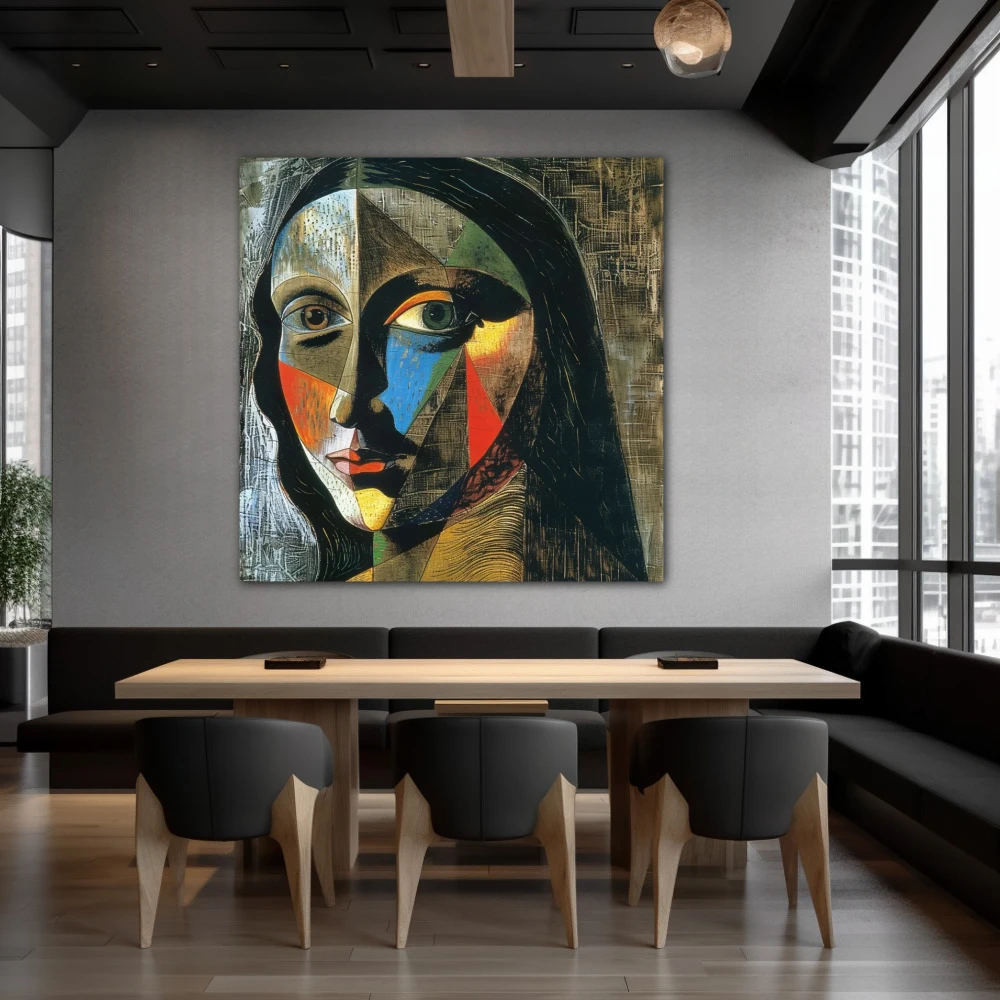 Wall Art titled: Facets of Gioconda in a Square format with: Blue, and Grey Colors; Decoration the Restaurant wall