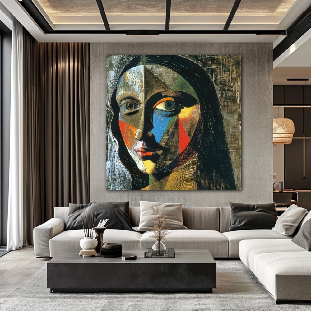 Cuadro facetas de gioconda en formato cuadrado con colores azul, gris; decorando pared de salón comedor