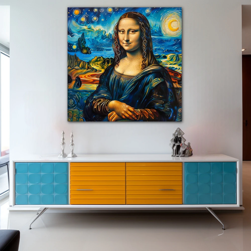 Cuadro la gioconda estrellada en formato cuadrado con colores amarillo, azul; decorando pared de aparador