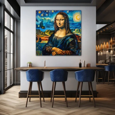 Wall Art titled: Starry Gioconda in a Square format with: Yellow, and Blue Colors; Decoration the Bar wall