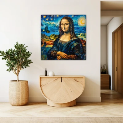 Wall Art titled: Starry Gioconda in a Square format with: Yellow, and Blue Colors; Decoration the Beige Wall wall