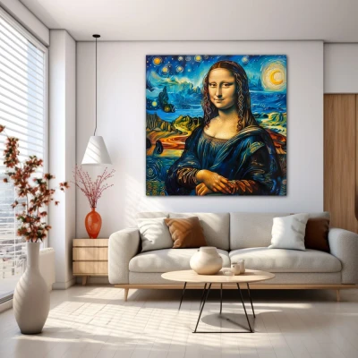 Wall Art titled: Starry Gioconda in a  format with: Yellow, and Blue Colors; Decoration the White Wall wall