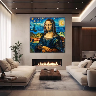 Wall Art titled: Starry Gioconda in a Square format with: Yellow, and Blue Colors; Decoration the Fireplace wall