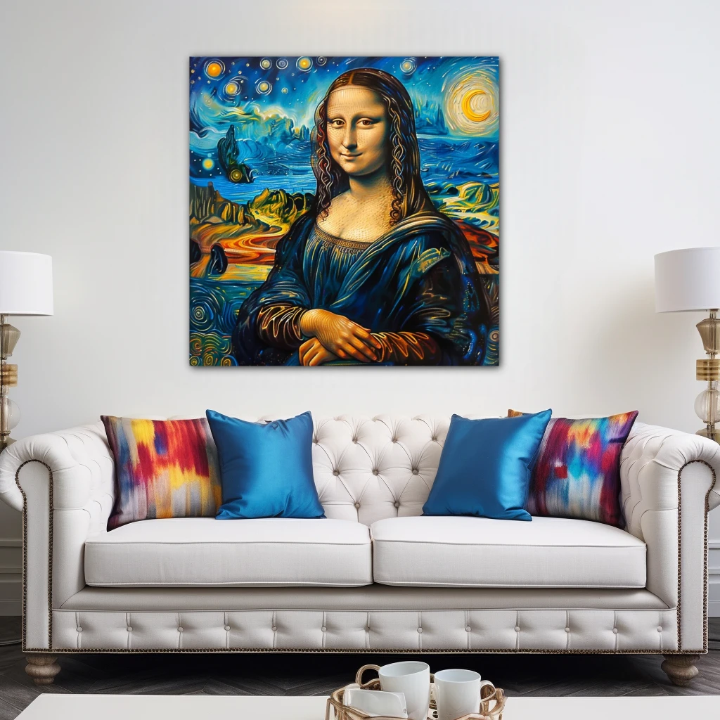 Cuadro la gioconda estrellada en formato cuadrado con colores amarillo, azul; decorando pared de encima del sofá