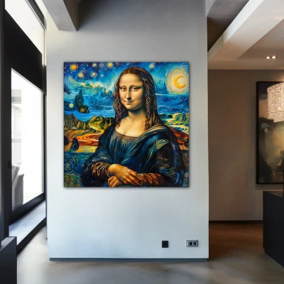 Cuadro La Gioconda Estrellada en formato cuadrado con colores Amarillo, Azul; Decorando pared de Entrada y Recibidor