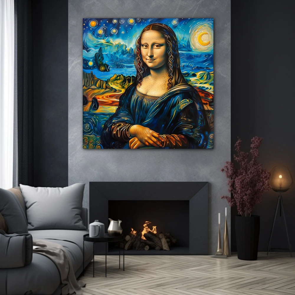 Cuadro la gioconda estrellada en formato cuadrado con colores amarillo, azul; decorando pared gris