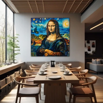 Cuadro La Gioconda Estrellada en formato cuadrado con colores Amarillo, Azul; Decorando pared de Restaurante