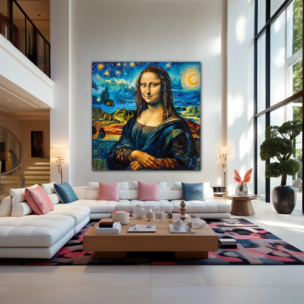 Cuadro la gioconda estrellada en formato cuadrado con colores amarillo, azul; decorando pared de salón comedor