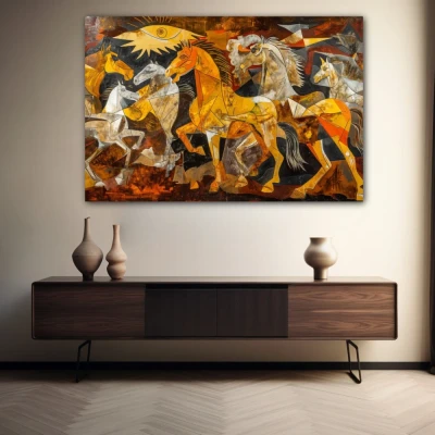 Wall Art titled: Equine Fragments in a Horizontal format with: Yellow, and Brown Colors; Decoration the Sideboard wall