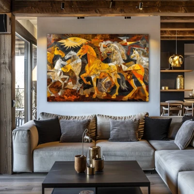 Wall Art titled: Equine Fragments in a  format with: Yellow, and Brown Colors; Decoration the Above Couch wall