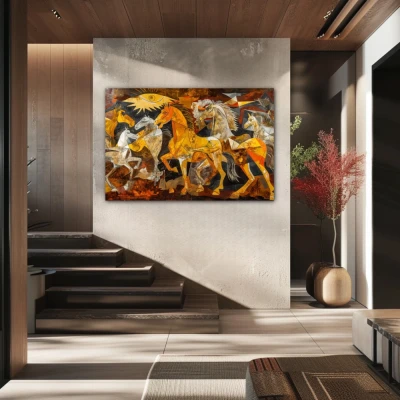 Wall Art titled: Equine Fragments in a Horizontal format with: Yellow, and Brown Colors; Decoration the Staircase wall