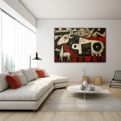 Cuadro Armonía Disruptiva en formato horizontal con colores Gris, Negro, Rojo; Decorando Pared blanca