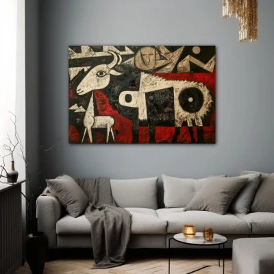 Cuadro Armonía Disruptiva en formato horizontal con colores Gris, Negro, Rojo; Decorando Pared gris