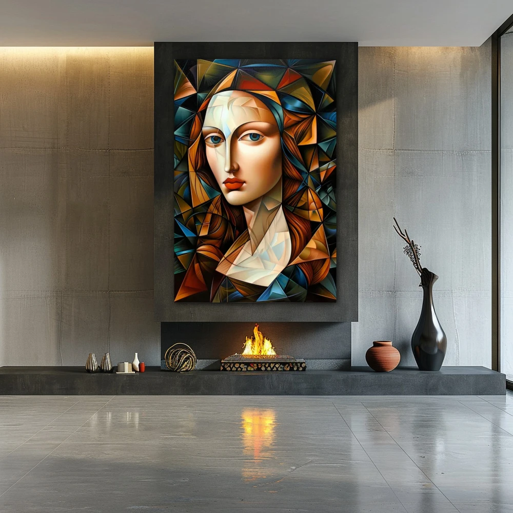 Wall Art titled: Fragmented Elegance in a Vertical format with: Blue, and Orange Colors; Decoration the Fireplace wall