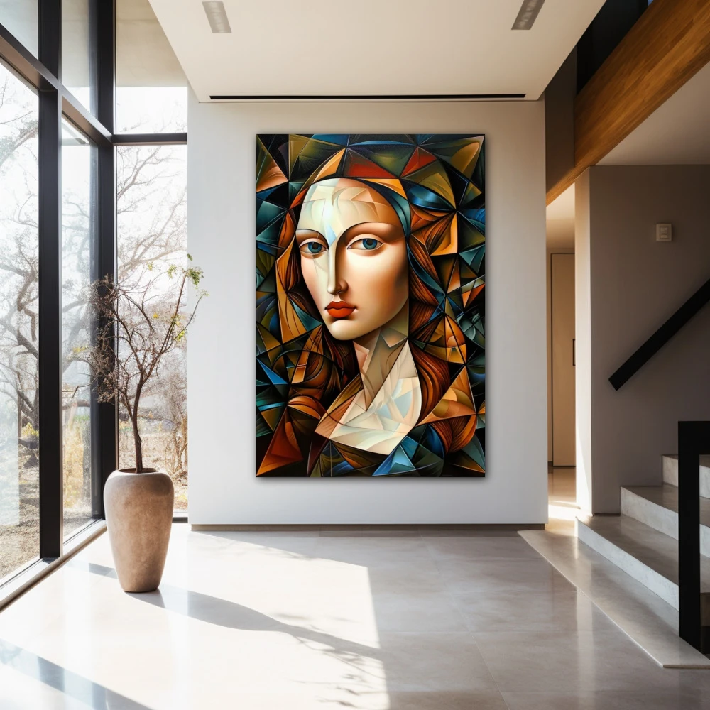 Wall Art titled: Fragmented Elegance in a Vertical format with: Blue, and Orange Colors; Decoration the Entryway wall