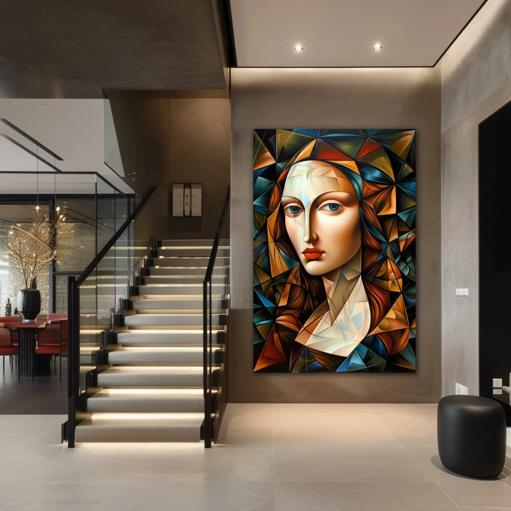 Wall Art titled: Fragmented Elegance in a Vertical format with: Blue, and Orange Colors; Decoration the Staircase wall