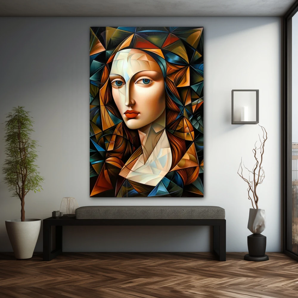 Wall Art titled: Fragmented Elegance in a Vertical format with: Blue, and Orange Colors; Decoration the Grey Walls wall