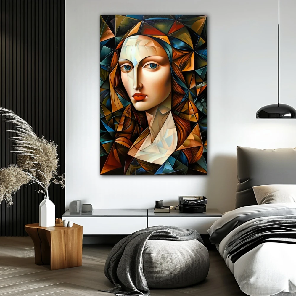 Wall Art titled: Fragmented Elegance in a Vertical format with: Blue, and Orange Colors; Decoration the Bedroom wall