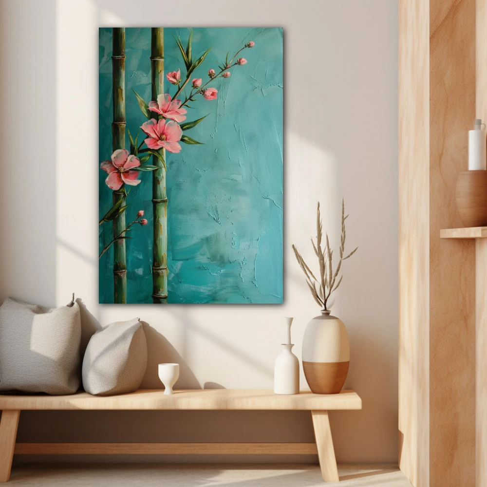 Wall Art titled: Resilience of Bamboo in a Vertical format with: Sky blue, and Pink Colors; Decoration the Beige Wall wall