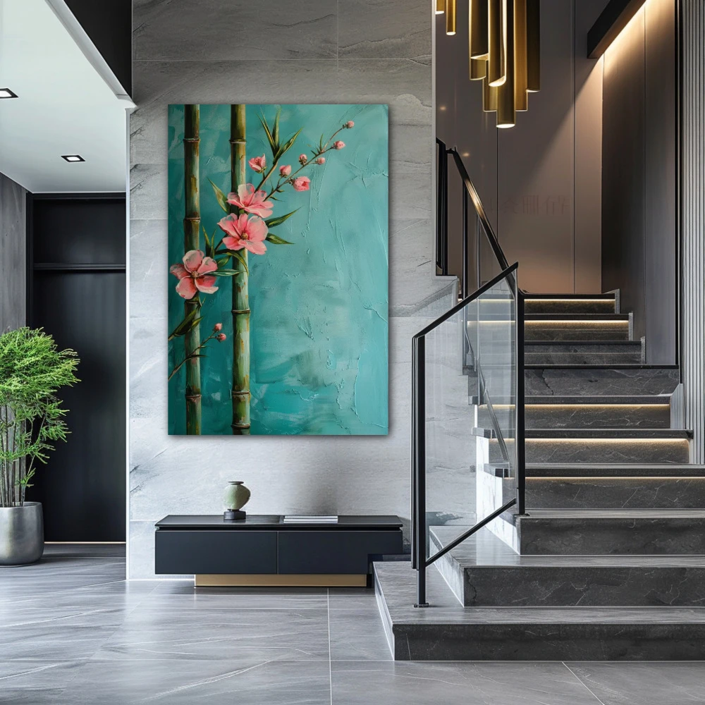 Wall Art titled: Resilience of Bamboo in a Vertical format with: Sky blue, and Pink Colors; Decoration the Staircase wall