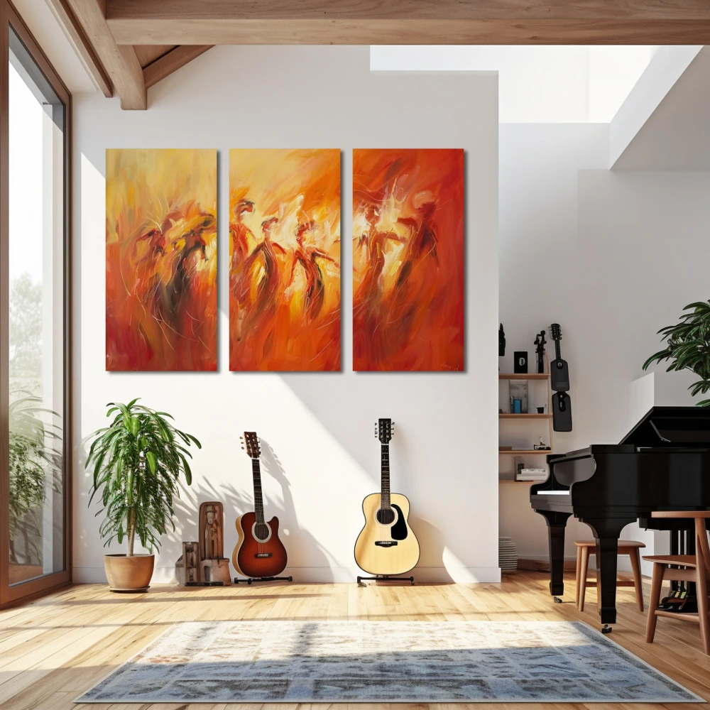 Cuadro danza de emociones ocultas en formato tríptico con colores naranja, rojo, monocromático; decorando pared de salón comedor