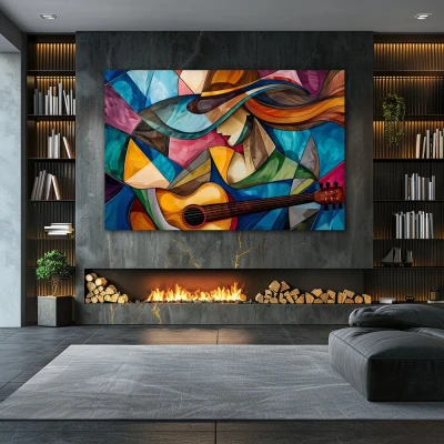 Cuadro acordes del cubismo en formato horizontal con colores azul, celeste, naranja; decorando pared de chimenea