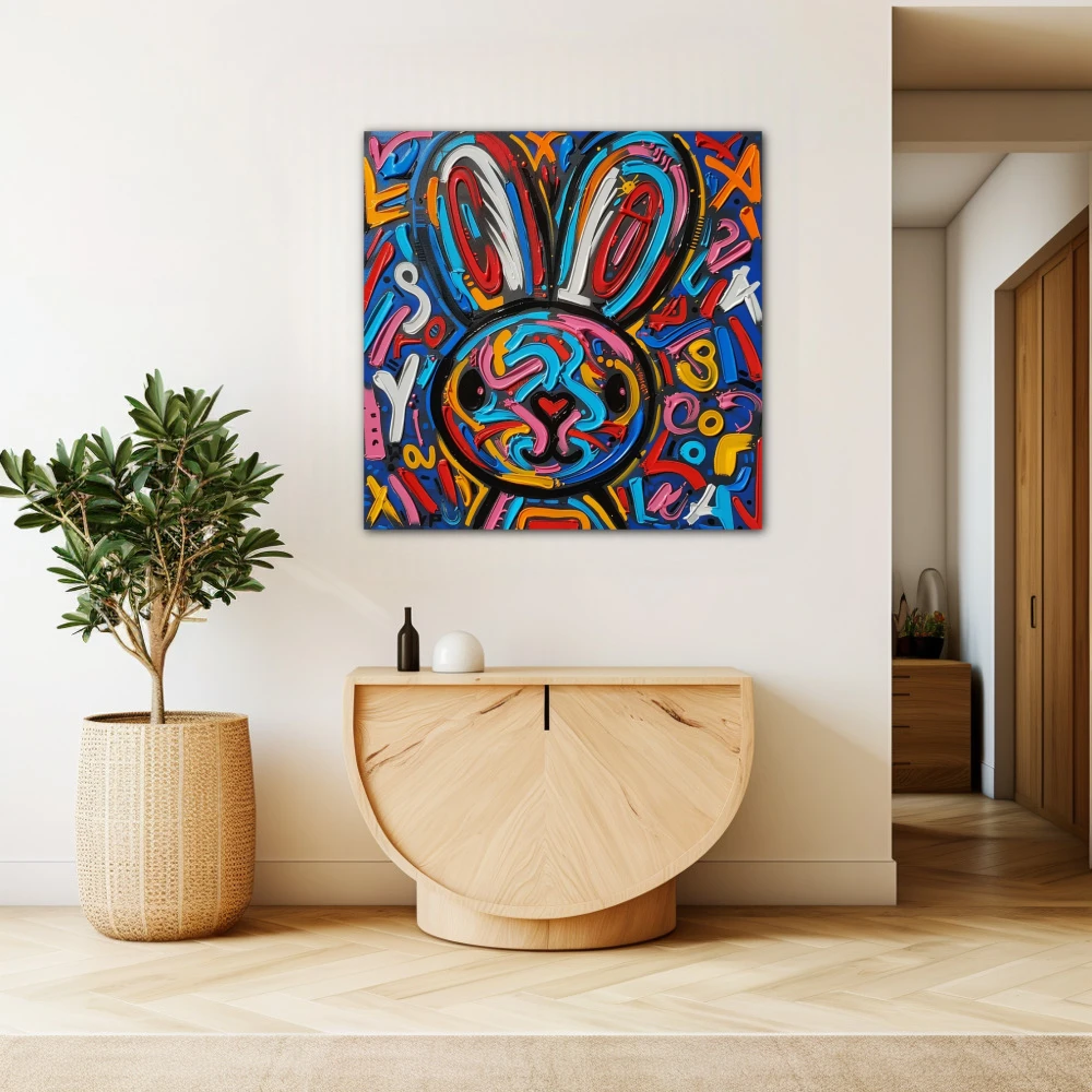 Cuadro the magic rabbit en formato cuadrado con colores azul, naranja, vivos; decorando pared beige