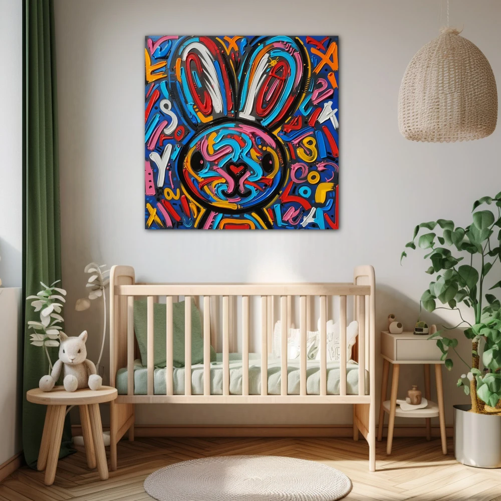 Cuadro the magic rabbit en formato cuadrado con colores azul, naranja, vivos; decorando pared de dormitorio bebe