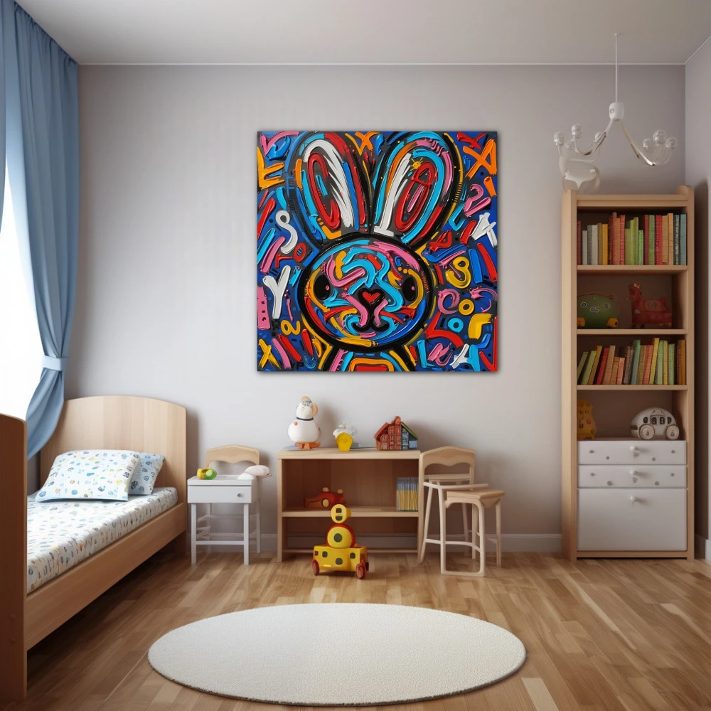 Cuadro the magic rabbit en formato cuadrado con colores azul, naranja, vivos; decorando pared de dormitorio infantil