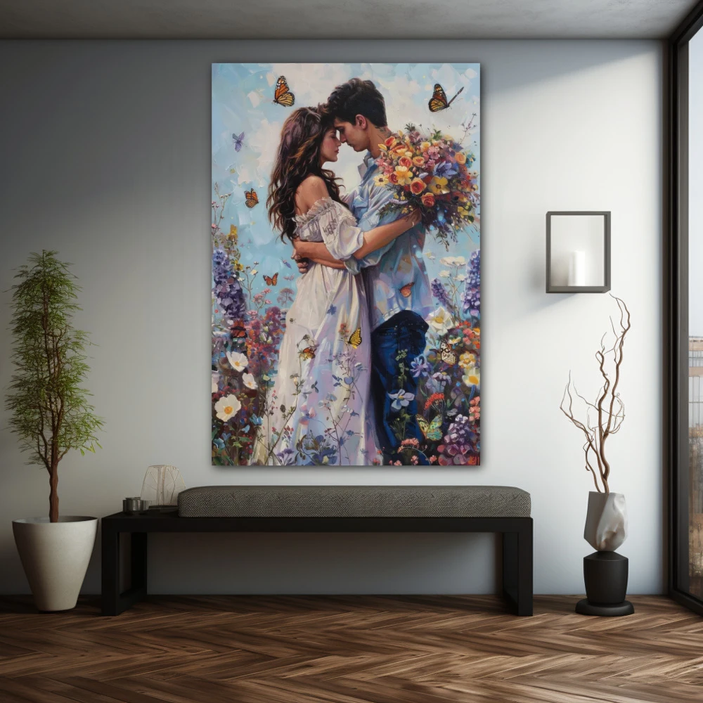Cuadro abrazo de primavera en formato vertical con colores azul, blanco; decorando pared gris