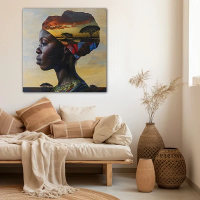 Cuadro perfiles de tierra africana en formato cuadrado con colores amarillo, marrón; decorando pared beige
