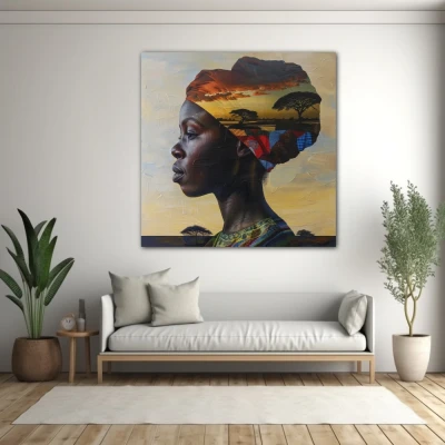 Cuadro perfiles de tierra africana en formato cuadrado con colores amarillo, marrón; decorando pared blanca