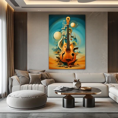Cuadro arpegios oníricos en formato vertical con colores celeste, naranja; decorando pared de encima del sofá