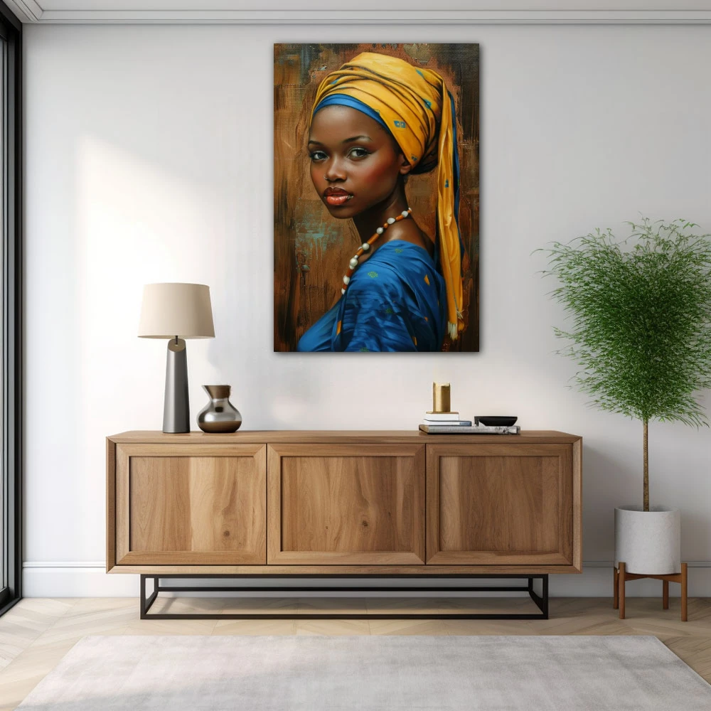 Wall Art titled: Enchanted Essence in a Vertical format with: Yellow, and Blue Colors; Decoration the Sideboard wall