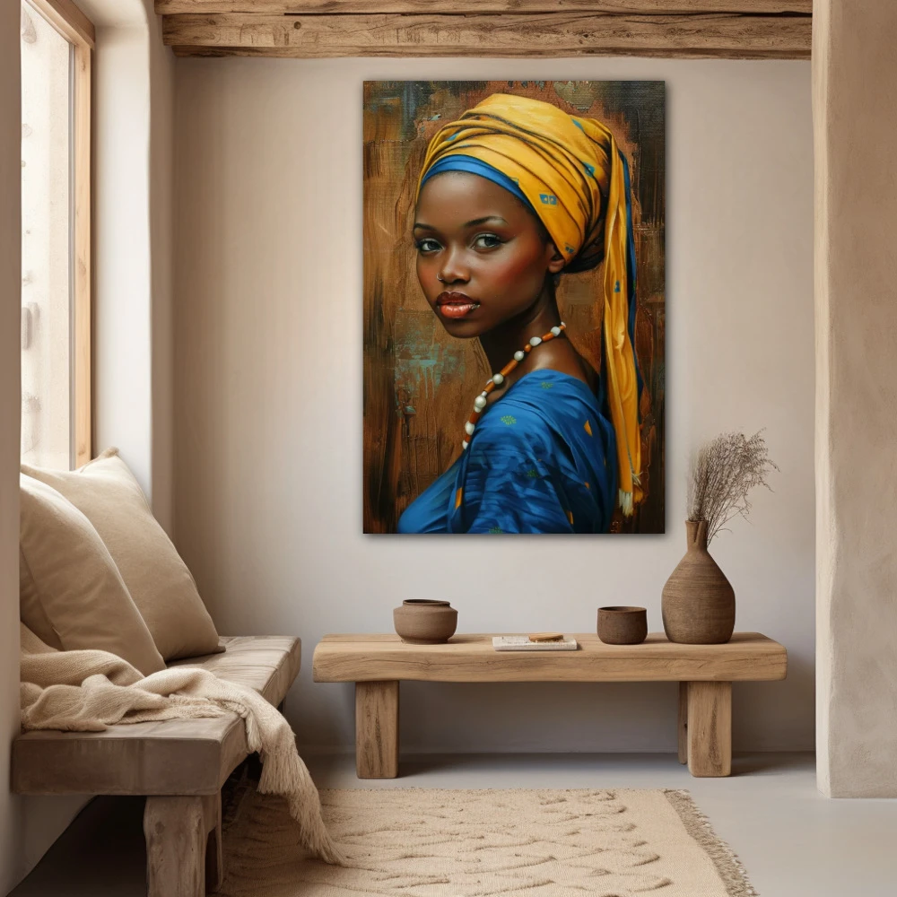 Wall Art titled: Enchanted Essence in a Vertical format with: Yellow, and Blue Colors; Decoration the Beige Wall wall