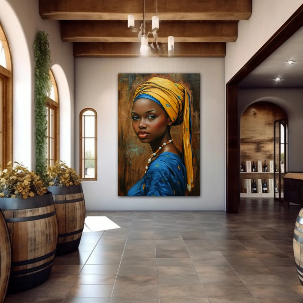 Wall Art titled: Enchanted Essence in a Vertical format with: Yellow, and Blue Colors; Decoration the Winery wall