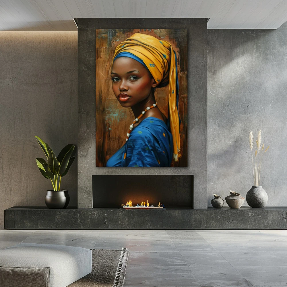 Wall Art titled: Enchanted Essence in a Vertical format with: Yellow, and Blue Colors; Decoration the Fireplace wall